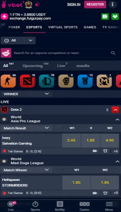 eSport betting at Vbet
