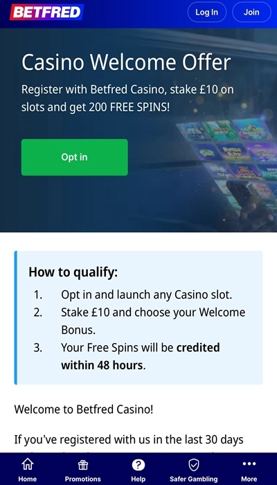 Betfred Casino welcome Bonus