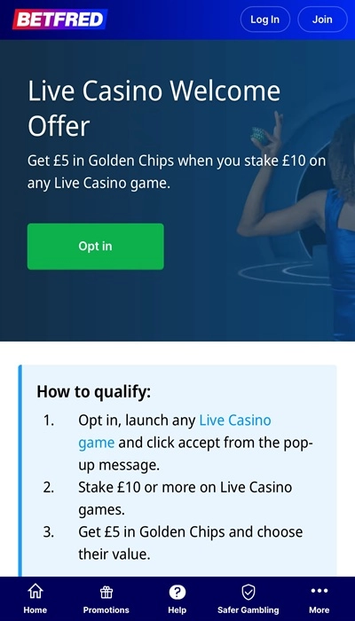 Betfred live casino welcome bonus