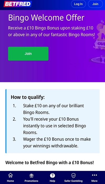 Betfred Bingo welcome bonus