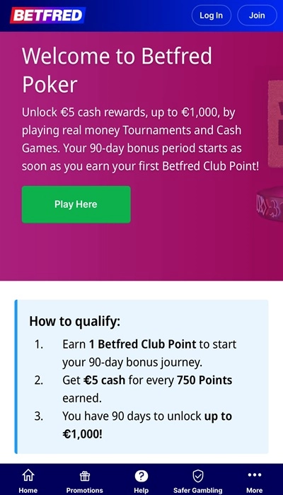 Betfred Poker welcome bonus