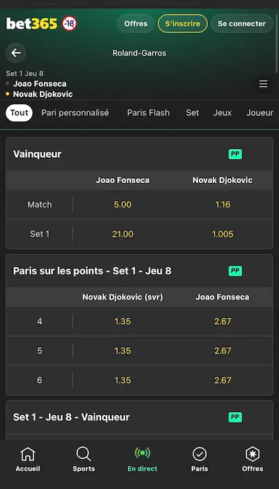 Paris en direct Bet365