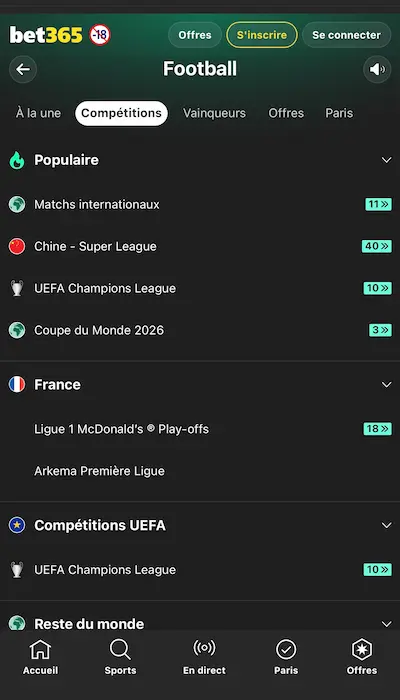 Compétitions sur Bet365