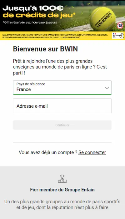 Promo de bienvenue Bwin - Étape 1