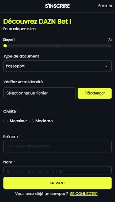 Interfaccia di registrazione di Daznbet su browser desktop.