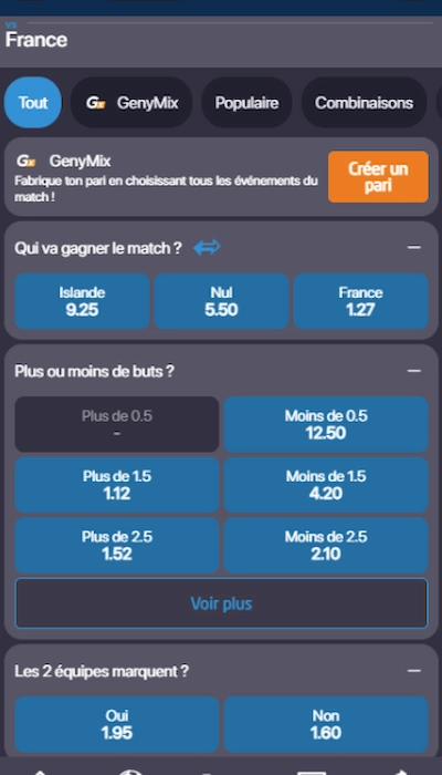 Les cotes proposées par Genybet