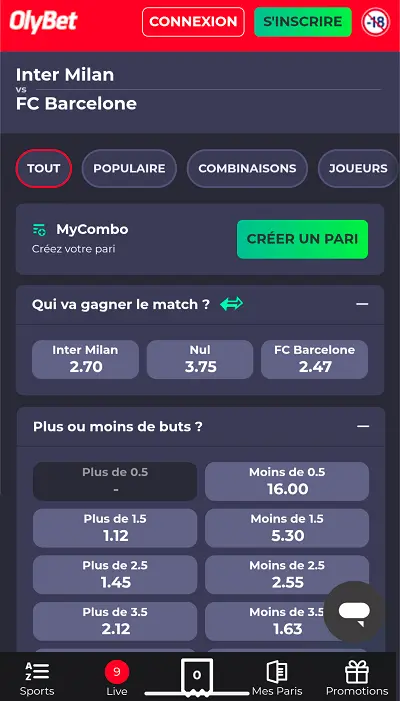Cotes sur OlyBet