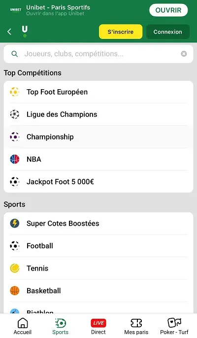 Compétitions sur Unibet