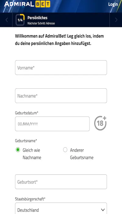 AdmiralBet Registrierung - Seite 1