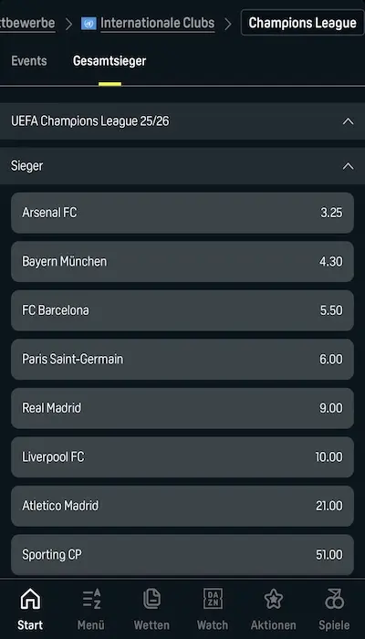 DAZN Bet Outright Wetten