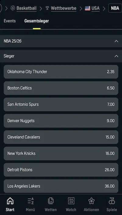 DAZN Bet Outright Wetten