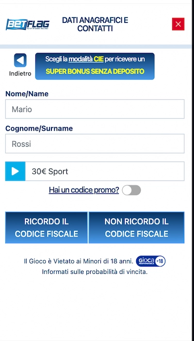 Iscrizione Betflag - Parte 1