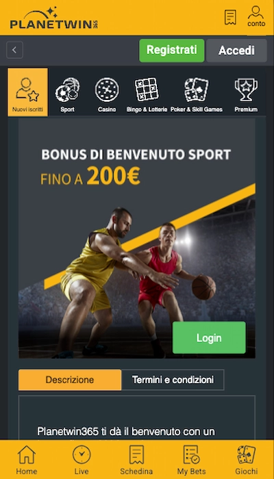 bonus benvenuto Planetwin365