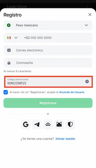 Regístrate en 1win rapido