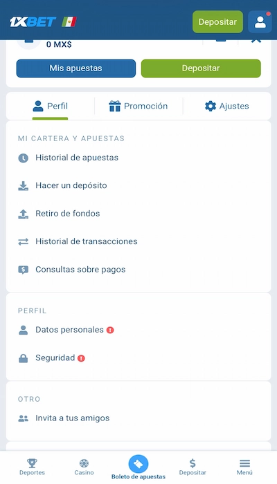 Página de la cuenta de 1xbet
