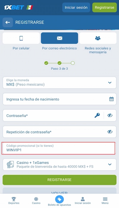Regístrate en 1xbet con teléfono o correo electrónico