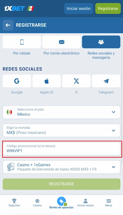 Regístrate en 1xbet con redes sociales