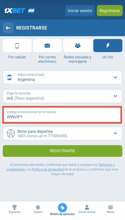 Regístrate en 1xbet con un solo clic