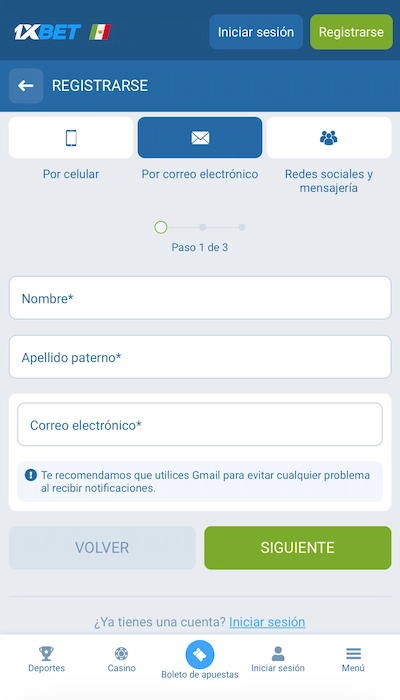 Registra tu cuenta en 1xbet por correo