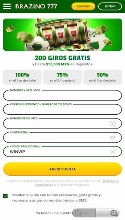 Regístrate en Brazino777 con el codigo promocional