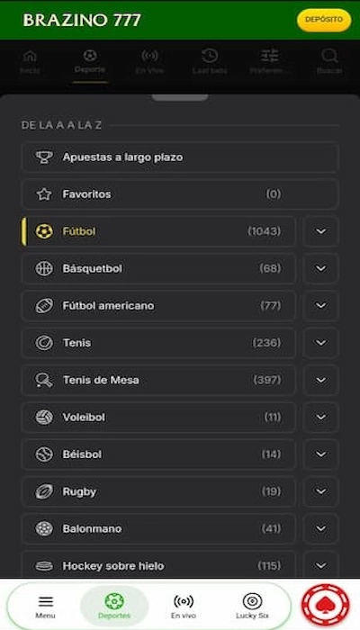 Deportes disponibles en Brazino777
