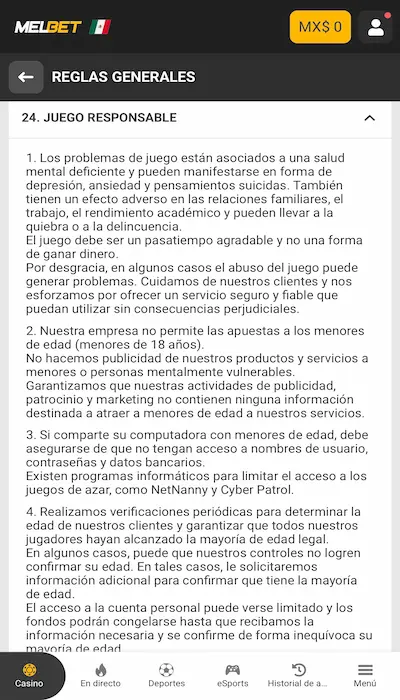 Juego responsable en Melbet