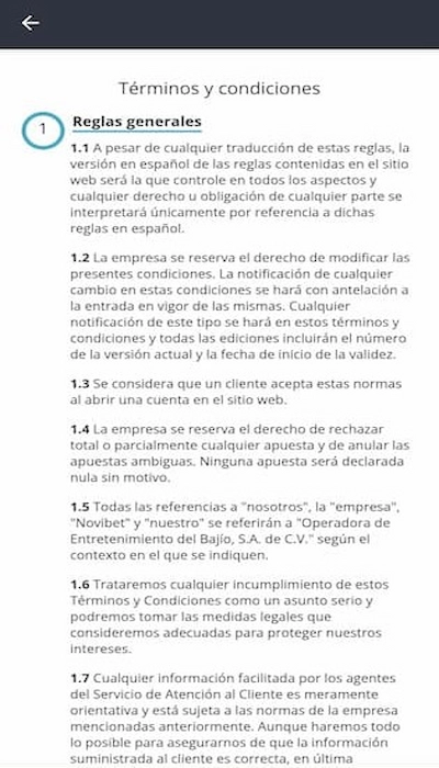 Terminos y condiciones de Novibet
