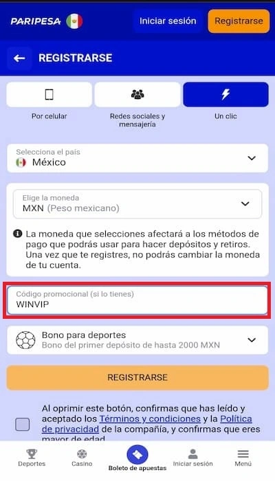 Paripesa registro un clic