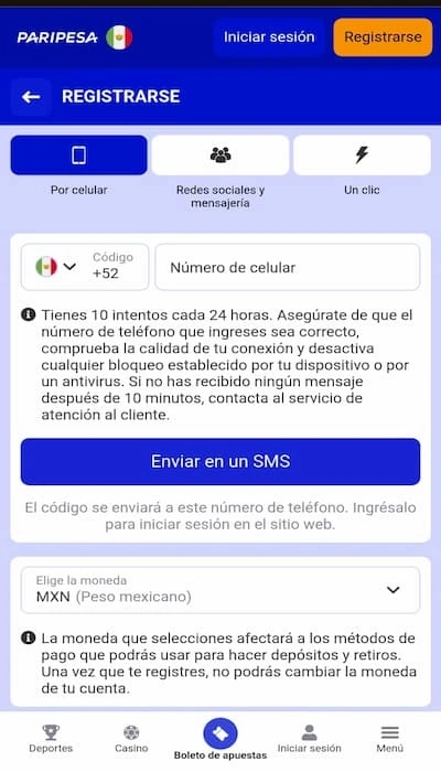 Paripesa registro teléfono