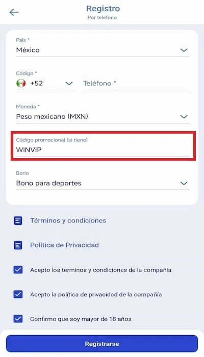Registro código promocional