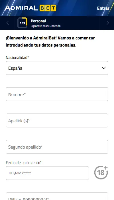 Formulario Admiralbet