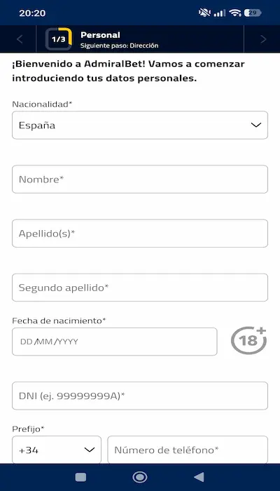Captura de pantalla de la interfaz de Admiralbet mostrando juegos de casino y opciones de bonos