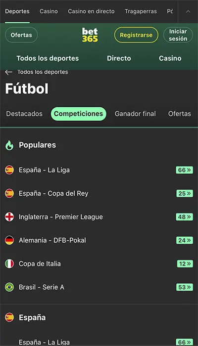Competiciones abiertas Bet365