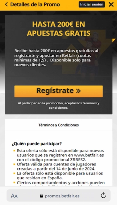 Promoción de bienvenida Betfair