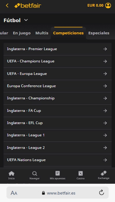 Competiciones disponibles Betfair