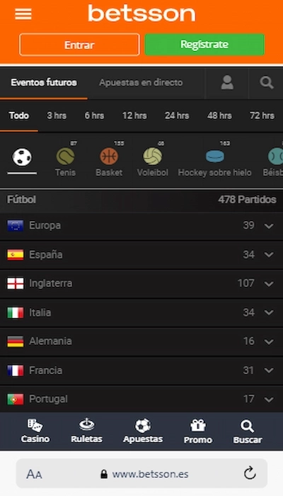 Competiciones disponibles Betsson 
