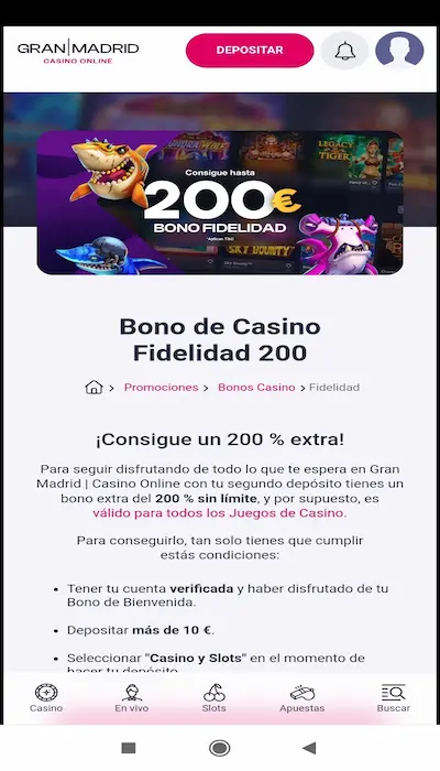 Bono por segundo depósito en el Casino en Gran Madrid