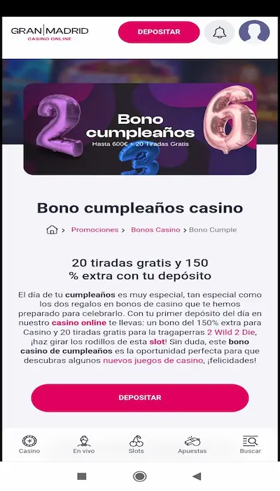Bono de cumpleaños de Casino : Hasta 600 euros + 20 tiradas gratis