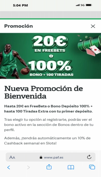 Bono bienvenida casino de PAF