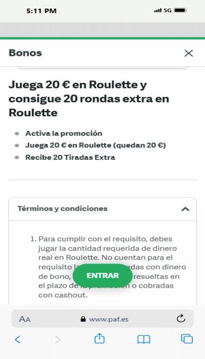 Bono de ruleta PAF