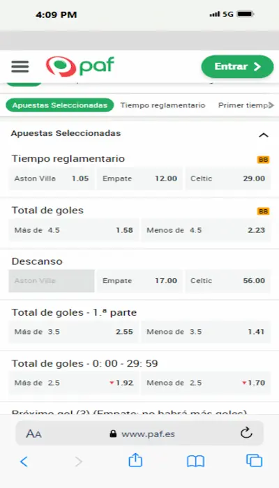 Cuotas ofrecidas en PAF