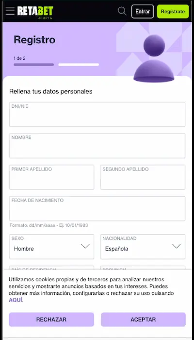 Registro en Retabet - 2