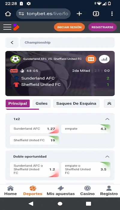 Cuotas ofrecidas en Tonybet